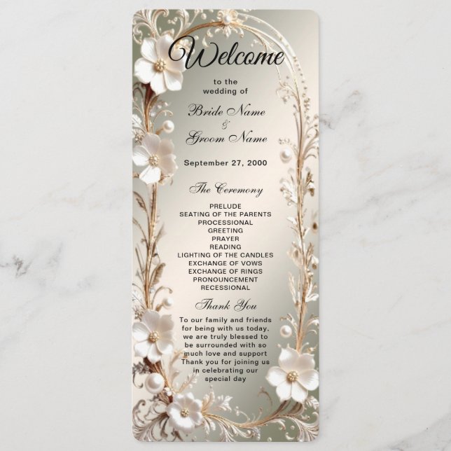 Verziertes weißes Blumenrahmen-Hochzeitsprogramm Programm (Vorderseite)