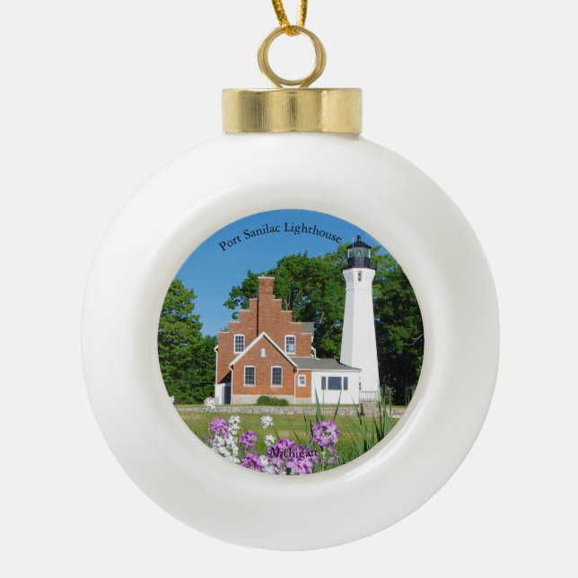Verzierung des Leuchtturms Port Sanilac Keramik Kugel-Ornament (Vorderseite)