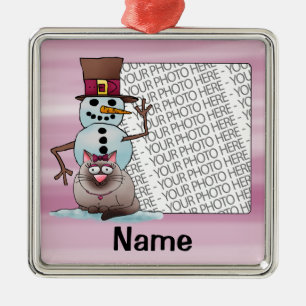 Verzierung, Foto u. Namen-Schablone, KatzeSnowman Silbernes Ornament