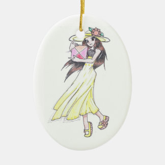 Verzierung mit Mädchen im gelben Kleid Keramikornament