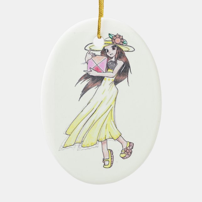 Verzierung mit Mädchen im gelben Kleid Keramikornament (Vorne)