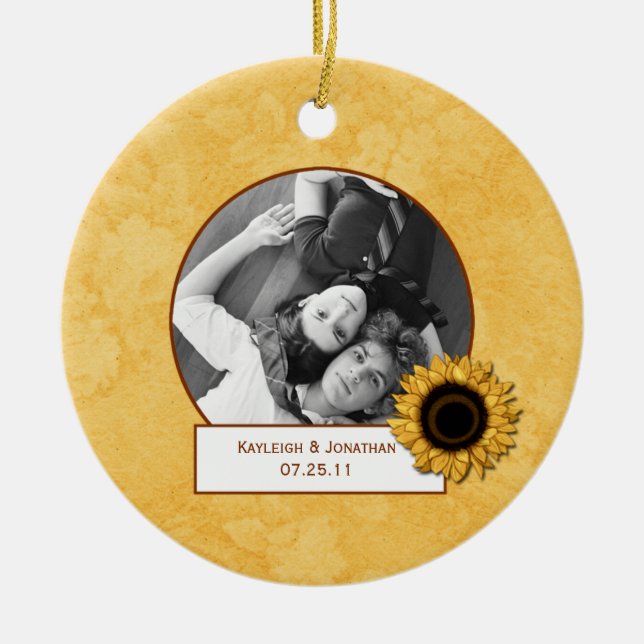 Verzierungs-Sonnenblume-Foto-Hochzeits-Andenken Keramikornament (Vorne)