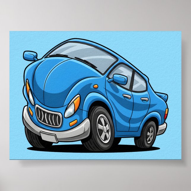 Verzogenes blaues Cartoon-Auto Poster (Vorne)