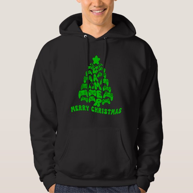 Veste À Capuche Arbre de Noël noir et vert avec contrôleurs (Devant)