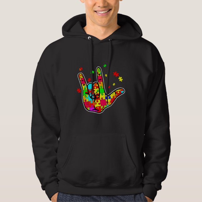 Veste À Capuche Asl Love Langue des signes Autisme Funny Sensibili (Devant)