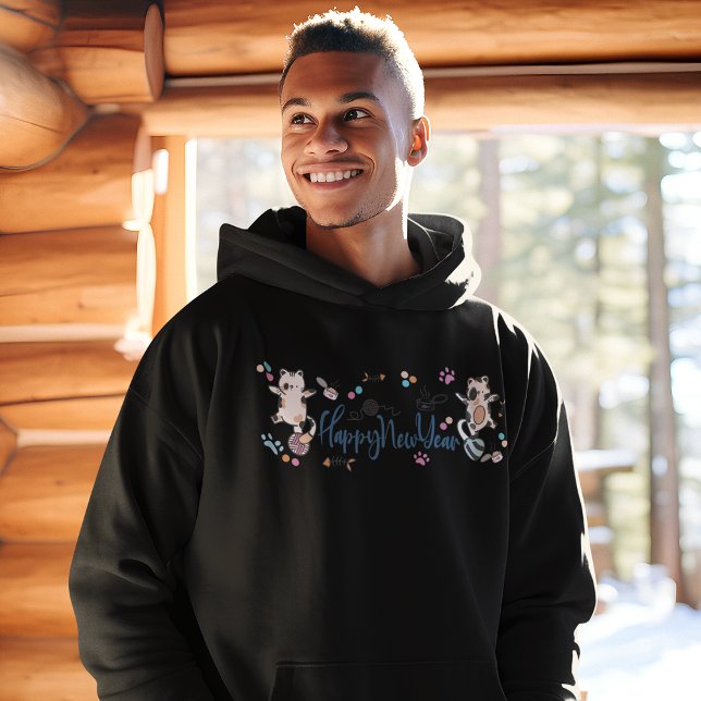 Veste À Capuche Bonne Année Entre Les Chatons Équilibré Sur Un Fil (Happy New Year Between Kittens Balanced On A Yarn Hoodie)