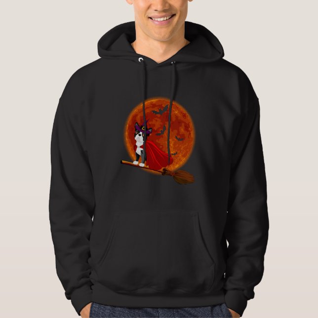 Veste À Capuche Boston Terrier Chien chevauchant Broom Blood Moon (Devant)