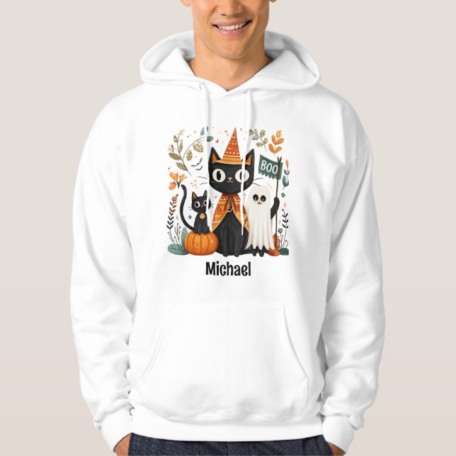 Veste À Capuche Chat noir mignon personnalisé et Halloween fantôme (Devant)