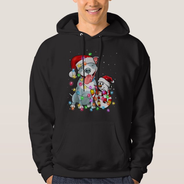 Veste À Capuche Drôle Pitbull Chien Noël Snowman lumières de Noël  (Devant)