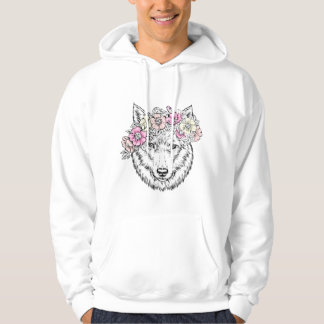 Veste À Capuche Floral Wolf Line Art – Boho Wild Animal with Flowe
