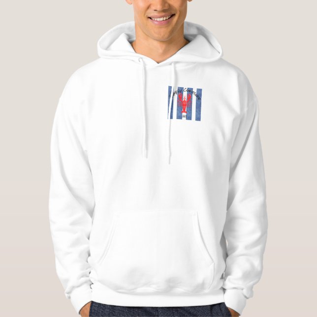 Veste À Capuche Homard rouge sur les bandes de Denim Bleu et Blanc (Devant)