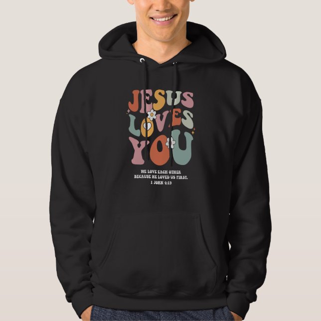 Veste À Capuche Jesus Loves You Christian Bible Verse Retro Groovy (Devant)