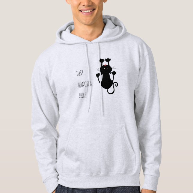 Veste À Capuche Juste accroché là dessin animé de chat noir texte  (Devant)