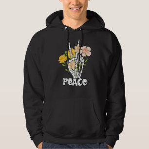 Veste À Capuche Panneau Paix Fleurs Et Squelette Main Paix Retro B
