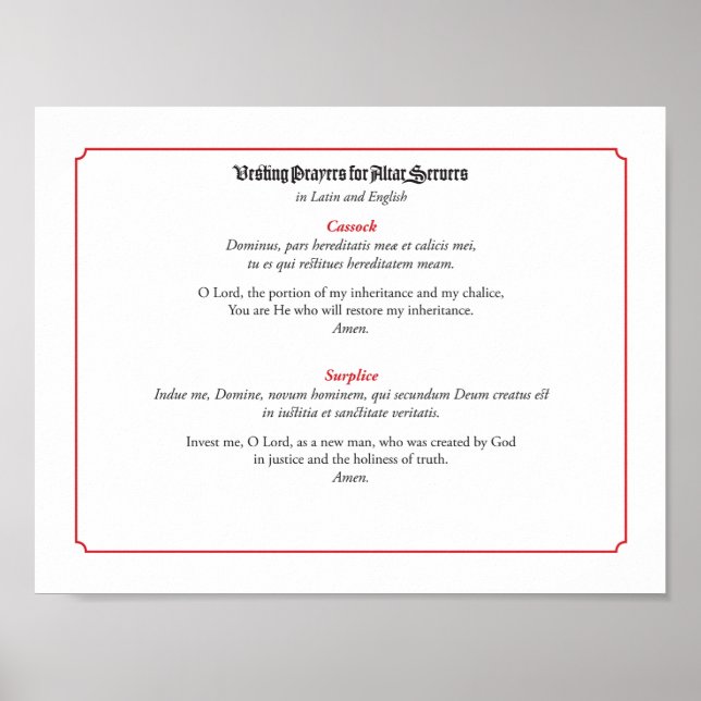 Vesting Prayers for Altar Servers (Cassock) Poster (Vorne)