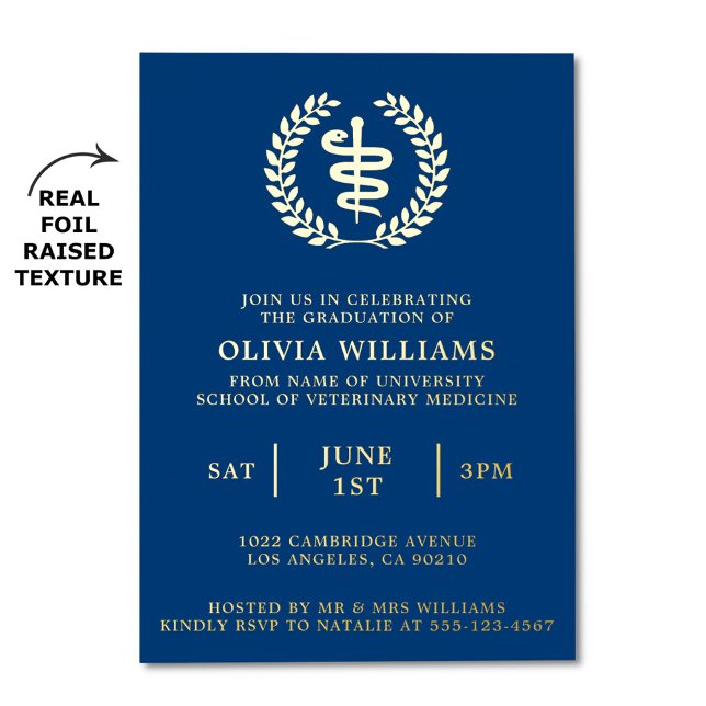 Vet School Navy and Gold Graduation Party Folieneinladung (Vet school graduation party invitation with real foil raised texture)