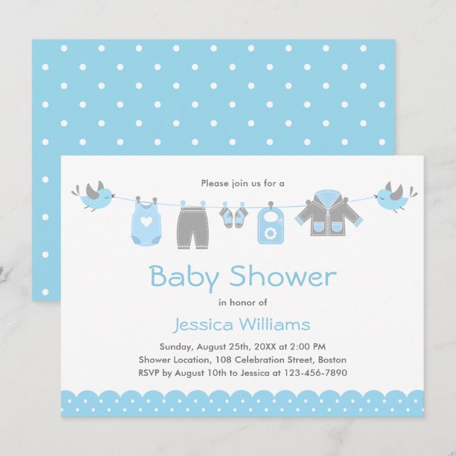 Vêtements Bleus mignons | Invitation Baby shower g (Devant / Derrière)
