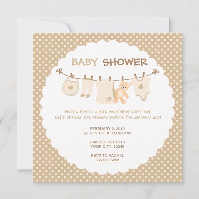 Vêtements pour bébés beiges - Invitations de douch (Devant)