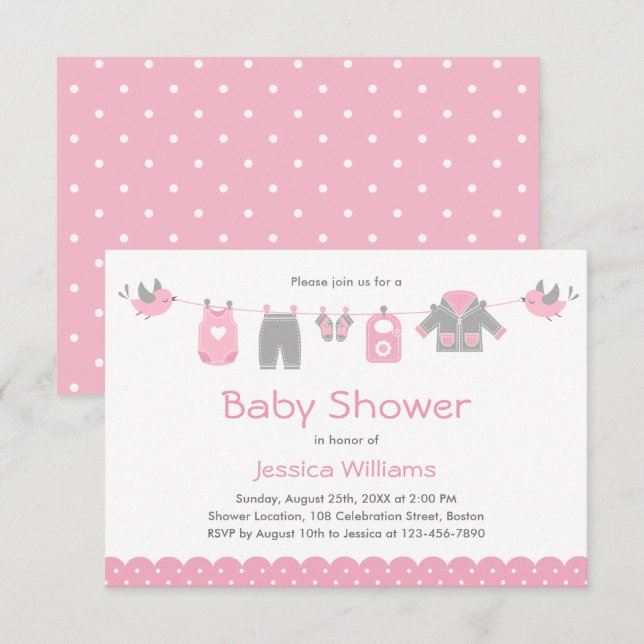 Vêtements roses mignons | Invitation Baby shower f (Devant / Derrière)