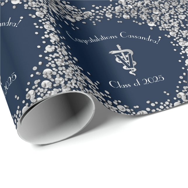 Veterinarian Graduation Navy Blue Silver Geschenkpapier (Rolleneckpunkt)