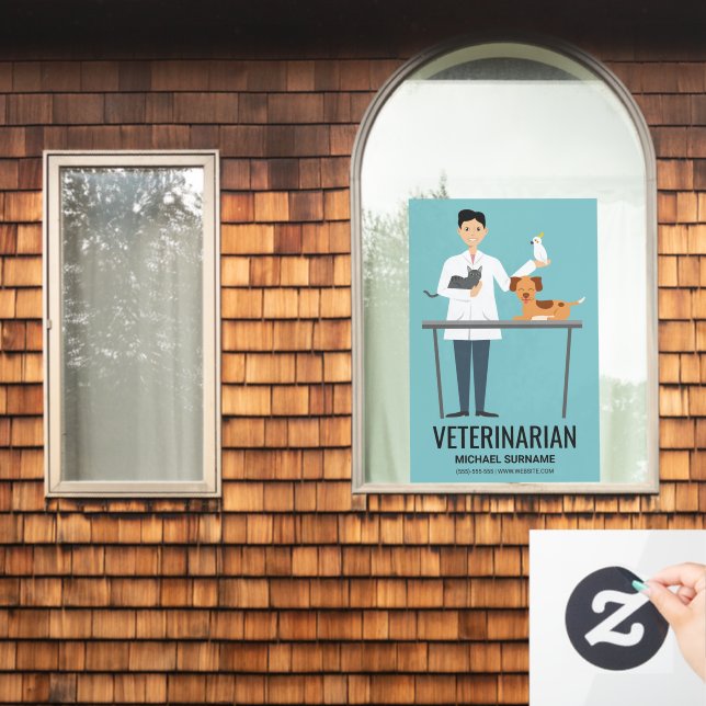 Veterinärmediziner auf blau mit Niedlichen Tieren  Fensteraufkleber (Fenster Zuhause)