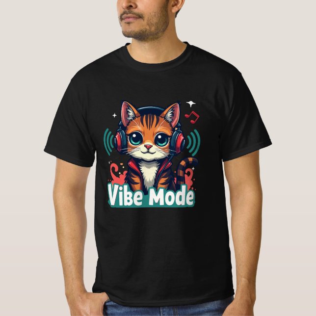 Vibe Mode" Cute Cartoon Cat T-Shirt | (Vorderseite)