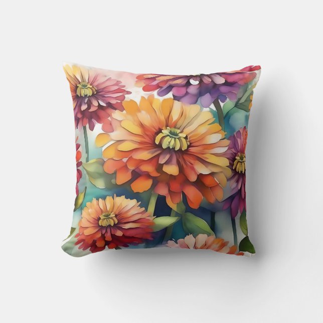 Vibranend Zinnia Blooms Abstrakte Wasserfarbe Kissen (Vorderseite)