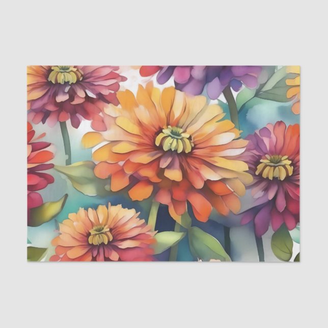 Vibranend Zinnia Blooms Abstrakte Wasserfarbe Seidenpapier (Vorderseite)