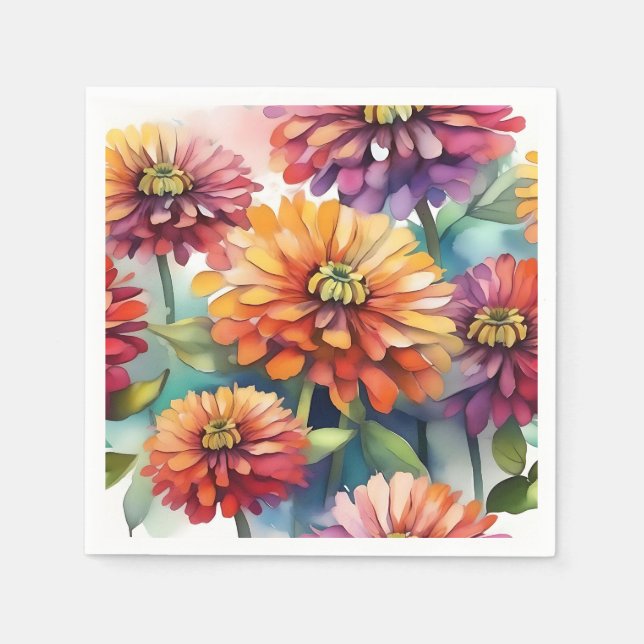 Vibranend Zinnia Blooms Abstrakte Wasserfarbe Serviette (Vorderseite)