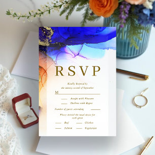 Vibranly Blue Orange Gold Wedding RSVP Card