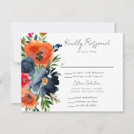 Vibranly Blue Orange Red Botanical RSVP Karte