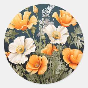 Vibranly California Poppy Botanical Runder Aufkleber