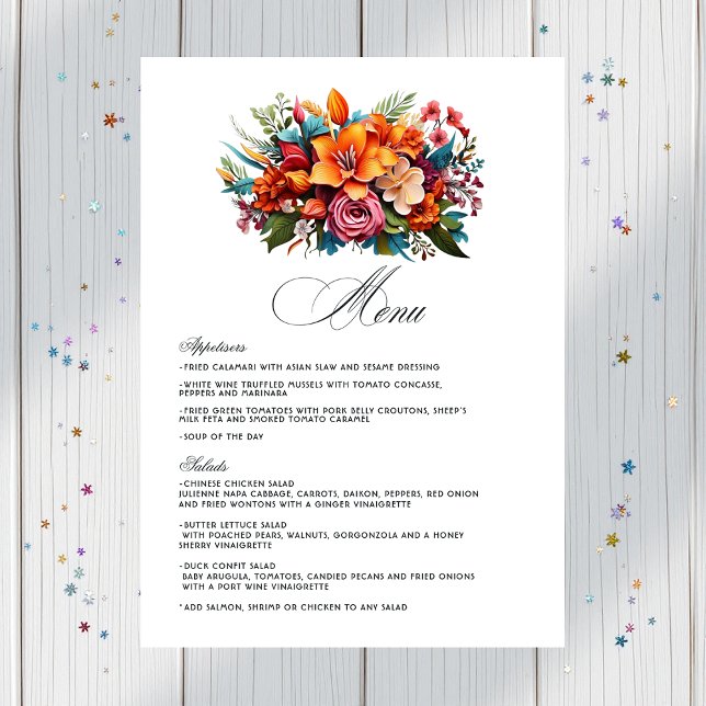 Vibranly Watercolor Floral Fiesta Wedding Menükarte (Vibrant Watercolor Floral Fiesta Wedding Menu)