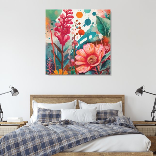 Vibrannende florale Akrylkunst farbenfroh botanisc Leinwanddruck (Insitu (Schlafzimmer))