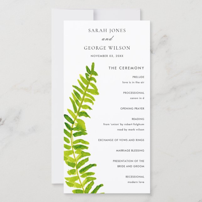Vibrannende Green Fern Foliage Wedding Program Car Dankeskarte (Vorderseite)