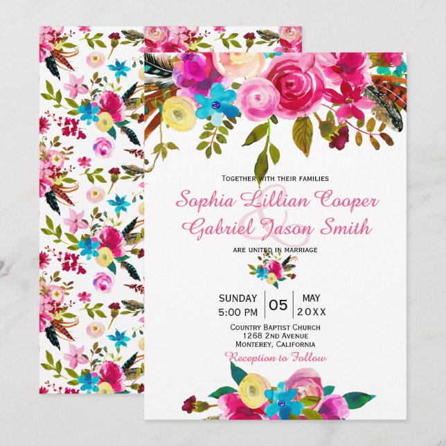 Vibrannende Pink-Aquarell-Typografie Hochzeit Einladung (Vorne/Hinten)