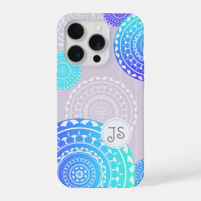 Vibrannt Aqua Blue Random Mandala auf rosa Monogra iPhone 15 Pro Hülle (Rückseite)