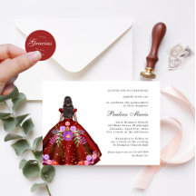 Vibrannte Rote Fiesta Floral Quinceañera Einladung