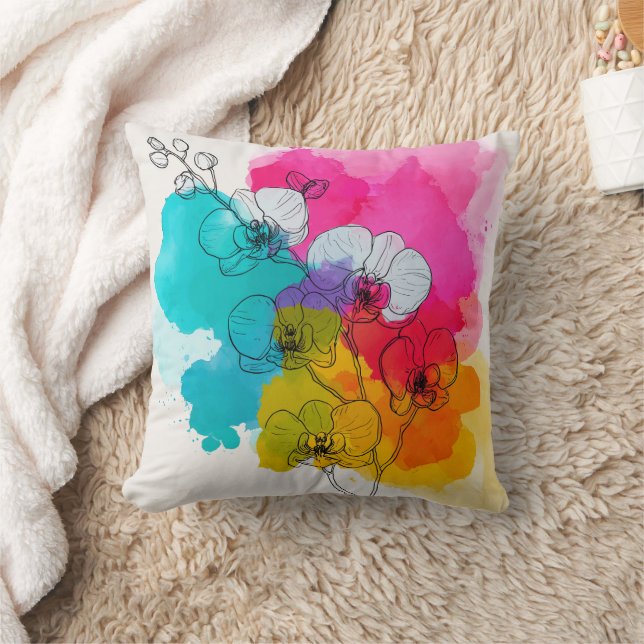 Vibrannte Wasserfarbe Orchid Blumenkissen Kissen (Decke)