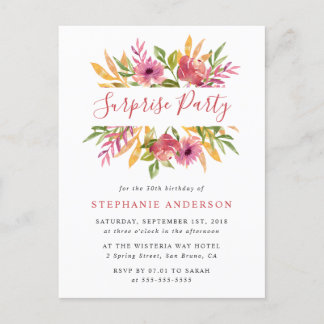 Vibrannte Watercolor Floral Überraschung Geburtsta Einladungspostkarte