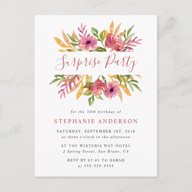 Vibrannte Watercolor Floral Überraschung Geburtsta Einladungspostkarte (Vorderseite)