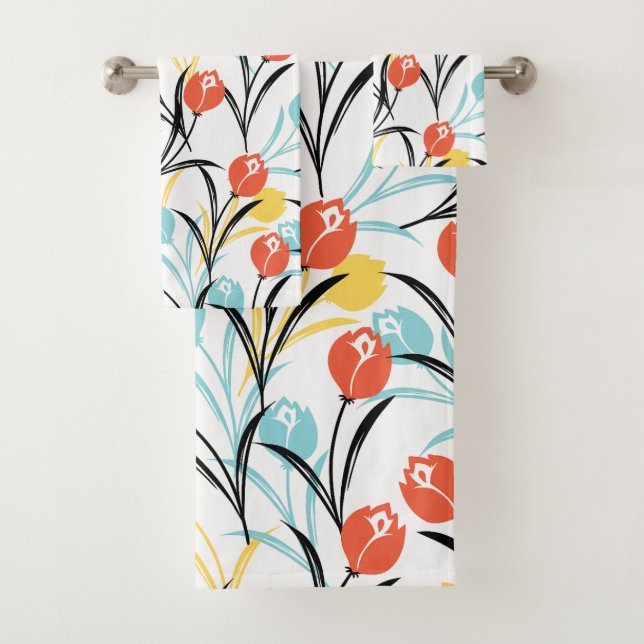 Vibranntes Tulip Muster Blumendesign auf Weiß Badhandtuch Set (Insitu)