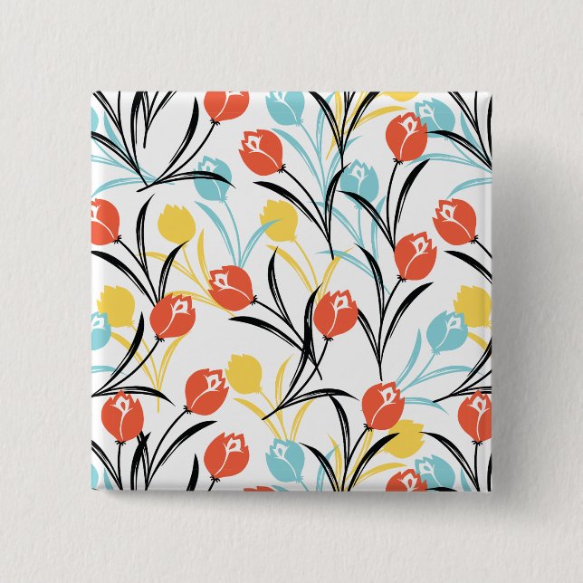 Vibranntes Tulip Muster Blumendesign auf Weiß Button (Vorderseite)