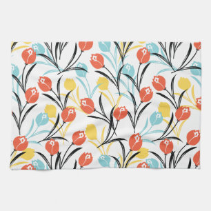Vibranntes Tulip Muster Blumendesign auf Weiß Geschirrtuch