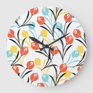 Vibranntes Tulip Muster Blumendesign auf Weiß Große Wanduhr