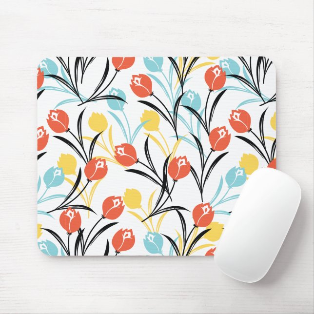 Vibranntes Tulip Muster Blumendesign auf Weiß Mousepad (Mit Mouse)