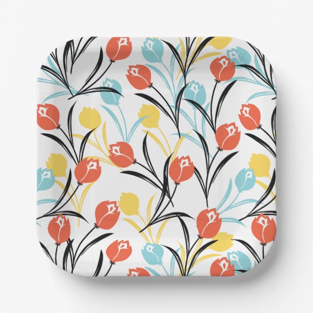 Vibranntes Tulip Muster Blumendesign auf Weiß Pappteller (Vorderseite)