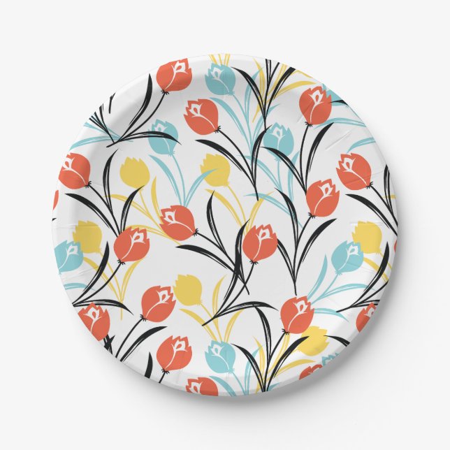 Vibranntes Tulip Muster Blumendesign auf Weiß Pappteller (Vorderseite)