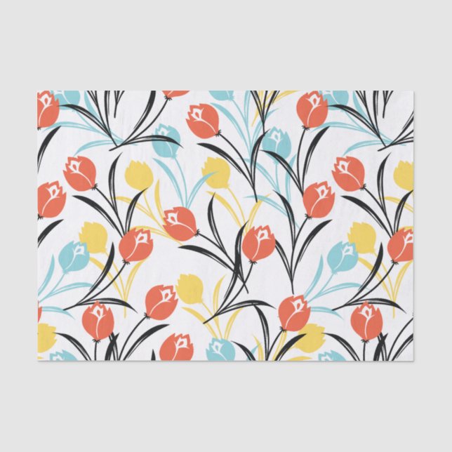 Vibranntes Tulip Muster Blumendesign auf Weiß Seidenpapier (Vorderseite)