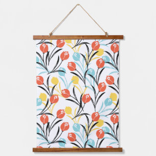 Vibranntes Tulip Muster Blumendesign auf Weiß Wandteppich Mit Holzrahmen
